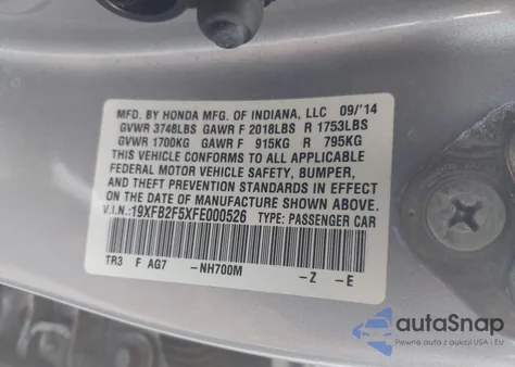 2015 Honda Civic Lx from USA, damaged, VIN 19XFB2F5XFE000526